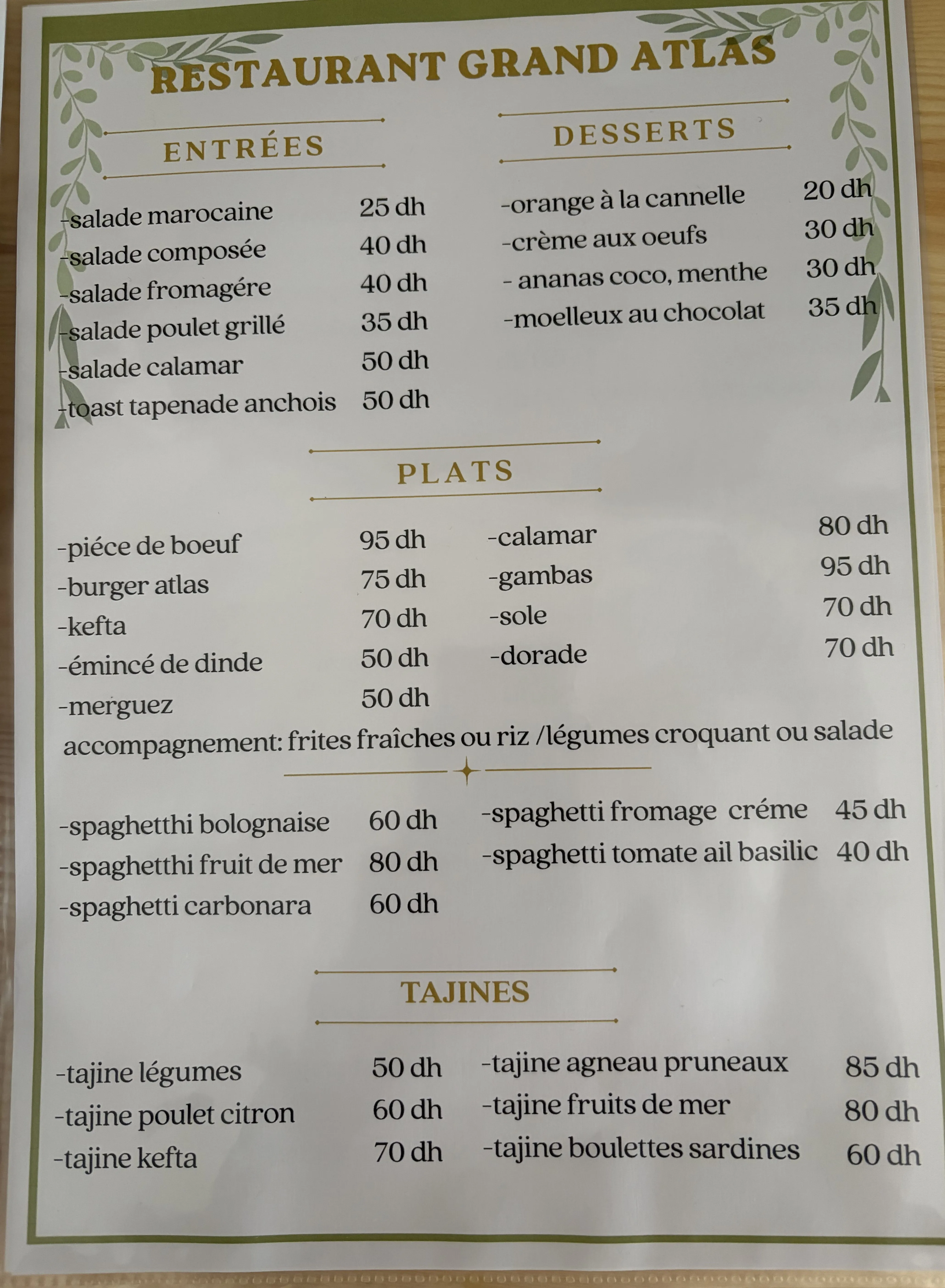 Carte du restaurant Le Grand Atlas